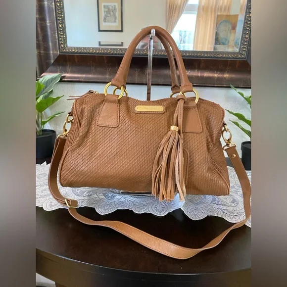 Cynthia Rowley leather satchel snakeskin texture, gold-tone hardware,tassel,Brn - Picture 1 of 17